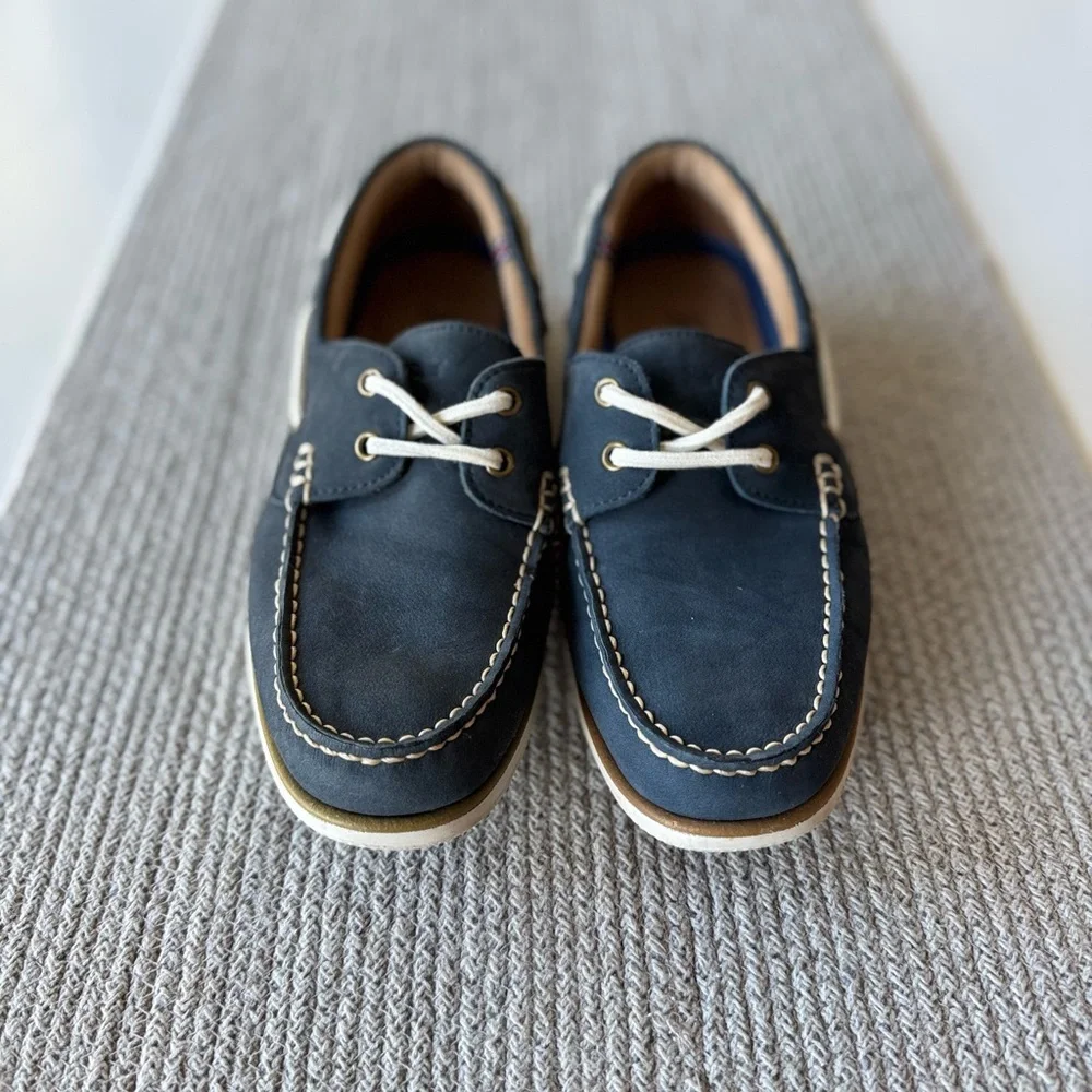 Florsheim Atlantic Moc Toe Navy Blue Leather Boat Shoe Tie Loafers Mens Sz 7.5